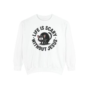 White Life is Scary Without Jesus Halloween Sweatshirt, design showing a cute frightened black cat.