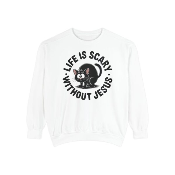 White Life is Scary Without Jesus Halloween Sweatshirt, design showing a cute frightened black cat.