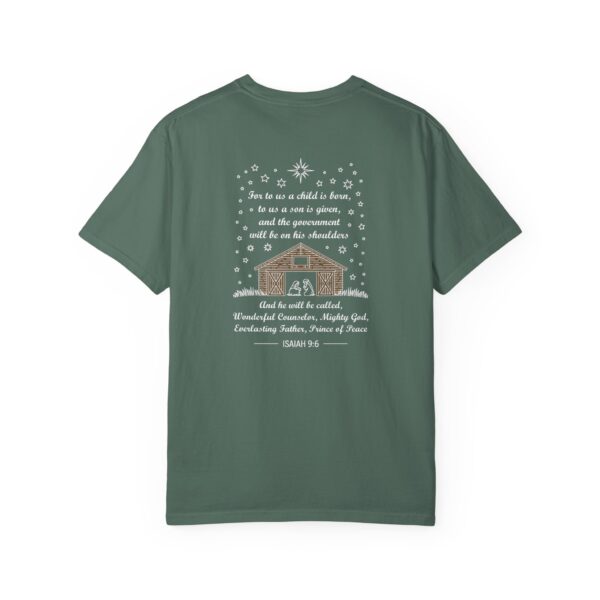 Green Christian t-shirt with Isaiah 9:6 scripture, stars and barn design.
