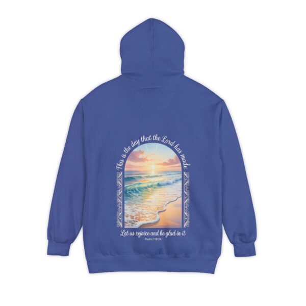 Model of The Day the Lord Has Made Christian Hoodie - Comfort Colors Beach Sunset Psalm 118:24 Christian Sweatshirt 28