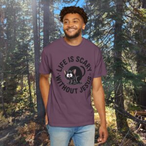 Life Is Scary Without Jesus Christian T-Shirt - Scared Black Cat Tee - Image 42