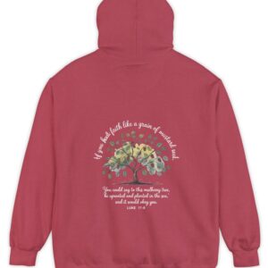 Red Comfort Colors hoodie sweatshirt with a mulberry tree and Luke 17:6 printed on the back, If you had faith like a grain of mustard seed, you would say to this mulberry tree 'be uprooted and planted in the sea' and it would obey you.