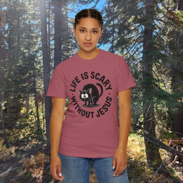 Model of Life Is Scary Without Jesus Christian T-Shirt - Scared Black Cat Tee 92