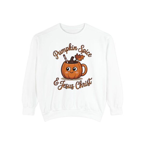 Model of Pumpkin Spice and Jesus Christ Fall Christian Sweatshirt 10