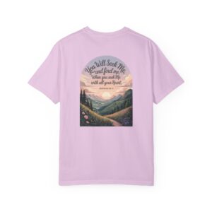 Pink Christian t-shirt with Jeremiah 29:13 scripture, mountain valley, and sunset graphic.