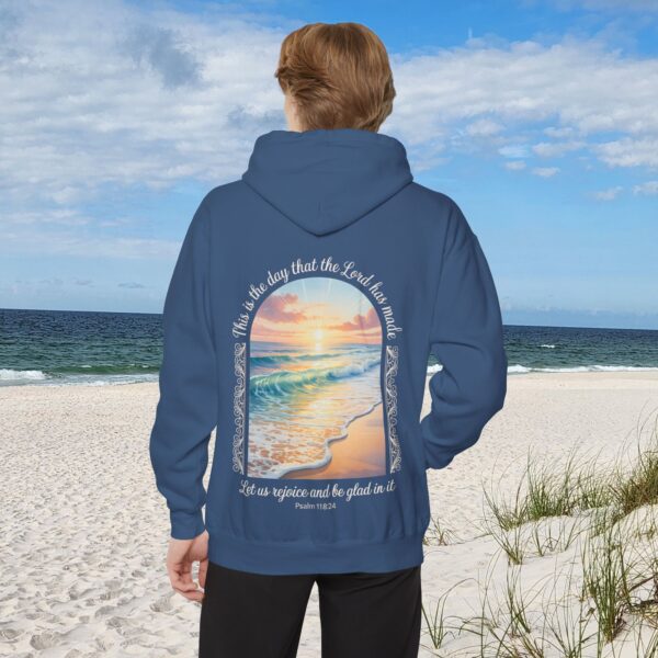 Model of The Day the Lord Has Made Christian Hoodie - Comfort Colors Beach Sunset Psalm 118:24 Christian Sweatshirt 38