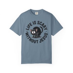 Life Is Scary Without Jesus Christian T-Shirt - Scared Black Cat Tee - Image 33