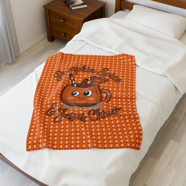 Model of Pumpkin Spice and Jesus Christ Velveteen Blanket 12