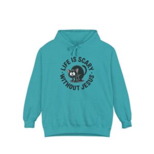 Teal Life is Scary Without Jesus Halloween Hoodie, design showing a cute frightened black cat.