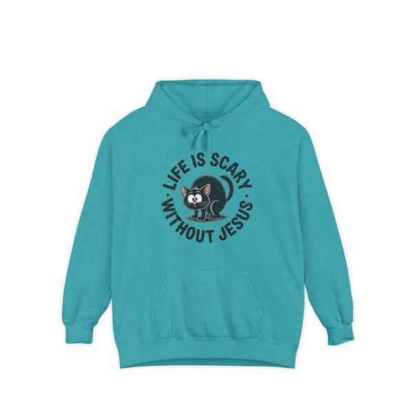 Teal Life is Scary Without Jesus Halloween Hoodie, design showing a cute frightened black cat.