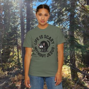 Life Is Scary Without Jesus Christian T-Shirt - Scared Black Cat Tee - Image 23