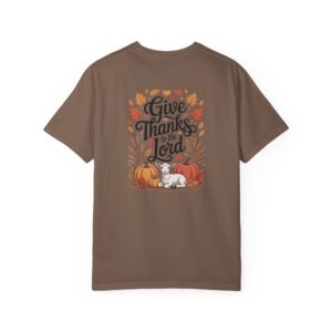 Brown Give Thanks to the Lord t-shirt with Thanksgiving design showing a lamb, pumpkins, and fall leaves.