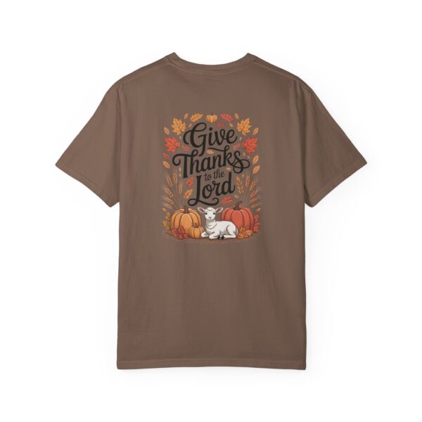 Brown Give Thanks to the Lord t-shirt with Thanksgiving design showing a lamb, pumpkins, and fall leaves.