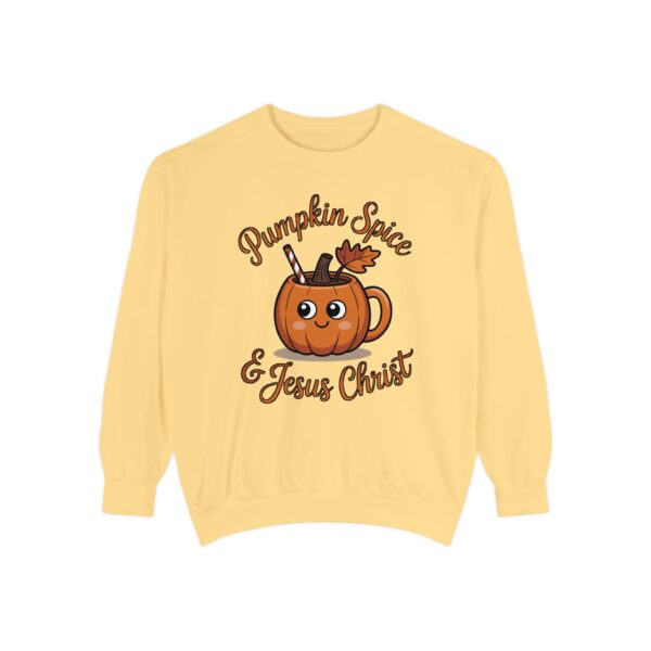 Model of Pumpkin Spice and Jesus Christ Fall Christian Sweatshirt 4