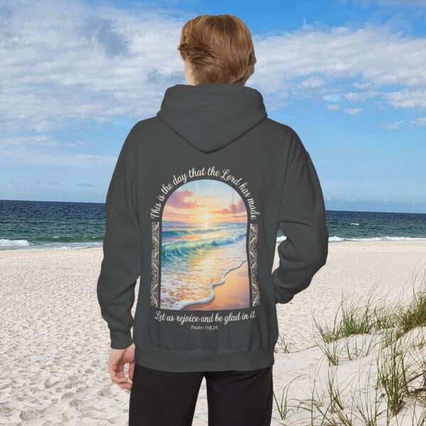 Model of The Day the Lord Has Made Christian Hoodie - Comfort Colors Beach Sunset Psalm 118:24 Christian Sweatshirt 14