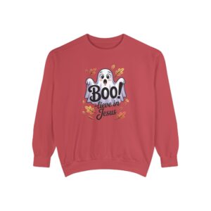 Red Boo! -lieve in Jesus Halloween Sweatshirt, design showing a cute ghost with fall leaves.