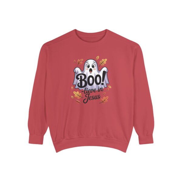 Red Boo! -lieve in Jesus Halloween Sweatshirt, design showing a cute ghost with fall leaves.