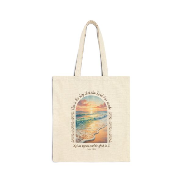 Model of This is the Day the Lord Has Made Canvas Tote Bag – Psalm 118:24 Beach Sunrise Christian Tote Bag 2