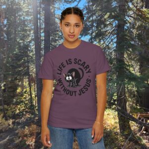 Life Is Scary Without Jesus Christian T-Shirt - Scared Black Cat Tee - Image 43