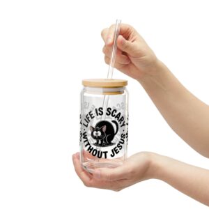 Life is Scary Without Jesus Christian 16oz Sipper Glass - Adorable Black Cat - Image 4