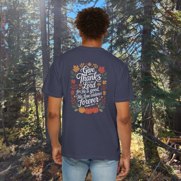 Model of Give Thanks to the Lord Fall Christian T-Shirt - Psalm 136:1 44
