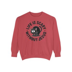 Red Life is Scary Without Jesus Halloween Sweatshirt, design showing a cute frightened black cat.
