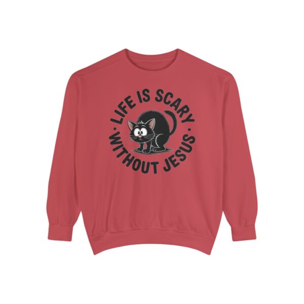 Red Life is Scary Without Jesus Halloween Sweatshirt, design showing a cute frightened black cat.