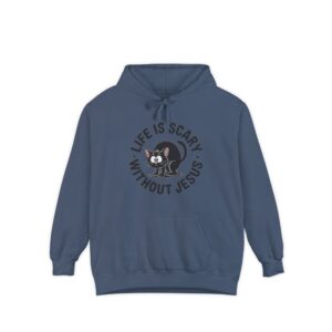 Blue Life is Scary Without Jesus Halloween Hoodie, design showing a cute frightened black cat.