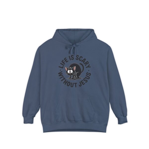 Blue Life is Scary Without Jesus Halloween Hoodie, design showing a cute frightened black cat.