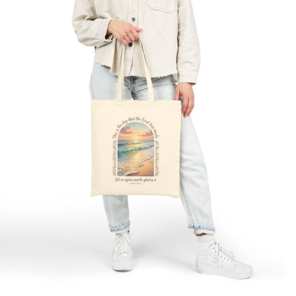 Model of This is the Day the Lord Has Made Canvas Tote Bag – Psalm 118:24 Beach Sunrise Christian Tote Bag 8
