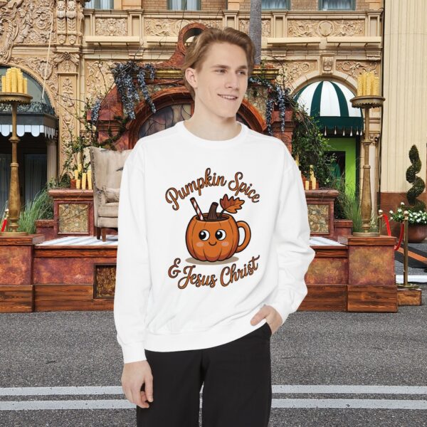 Model of Pumpkin Spice and Jesus Christ Fall Christian Sweatshirt 8