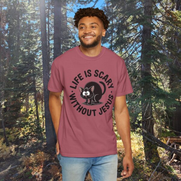 Model of Life Is Scary Without Jesus Christian T-Shirt - Scared Black Cat Tee 90