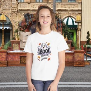 Boo-lieve in Jesus Kids Tee – Fall Christian Shirt Sizes XS to XL - Image 1