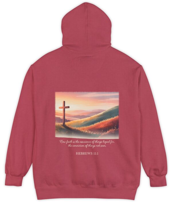 Red Comfort Colors hoodie sweatshirt. Now faith is the assurance of things hoped for, the conviction of things not seen. Hebrews 11:1