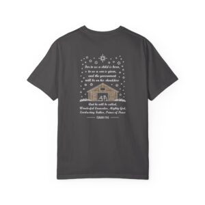 Gray Christian t-shirt with Isaiah 9:6 scripture, stars and barn design.