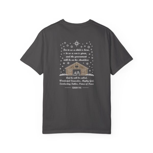 Gray Christian t-shirt with Isaiah 9:6 scripture, stars and barn design.