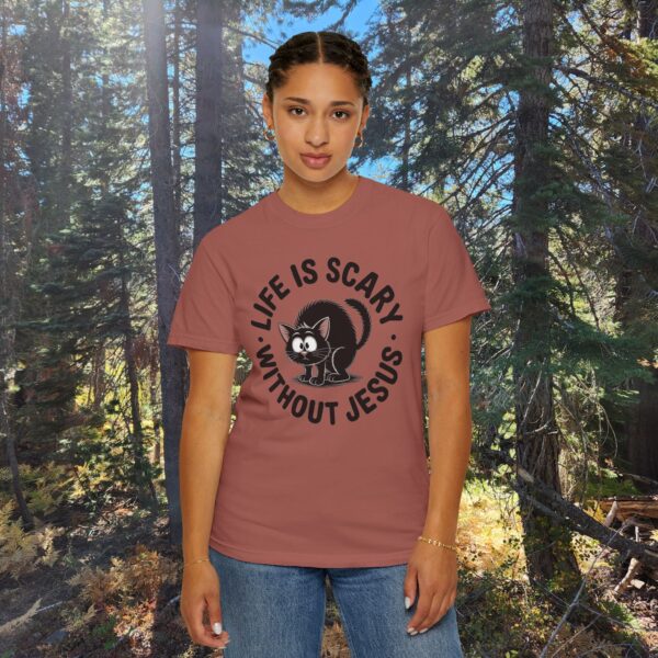 Model of Life Is Scary Without Jesus Christian T-Shirt - Scared Black Cat Tee 2