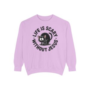 Pink Life is Scary Without Jesus Halloween Sweatshirt, design showing a cute frightened black cat.