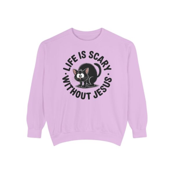Pink Life is Scary Without Jesus Halloween Sweatshirt, design showing a cute frightened black cat.