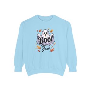 Blue Boo! -lieve in Jesus Halloween Sweatshirt, design showing a cute ghost with fall leaves.
