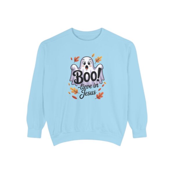 Blue Boo! -lieve in Jesus Halloween Sweatshirt, design showing a cute ghost with fall leaves.