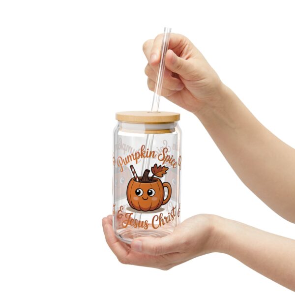Pumpkin Spice & Jesus Christ 16oz Sipper Glass 7 Model of Pumpkin Spice & Jesus Christ 16oz Sipper Glass 6