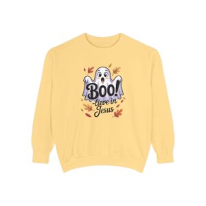 Yellow Boo! -lieve in Jesus Halloween Sweatshirt, design showing a cute ghost with fall leaves.