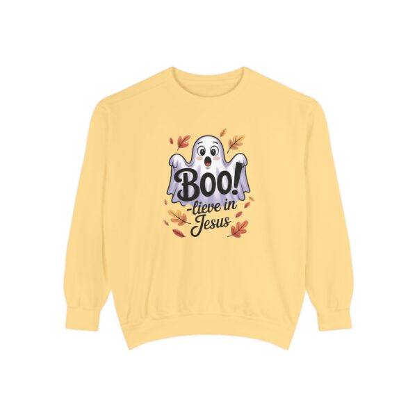 Yellow Boo! -lieve in Jesus Halloween Sweatshirt, design showing a cute ghost with fall leaves.