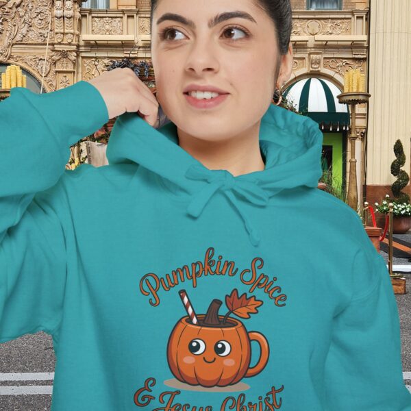 Model of Pumpkin Spice and Jesus Christ Christian Hoodie - Unisex 30