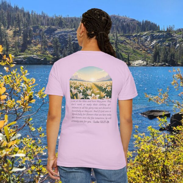 Model of Look at the Lilies and How They Grow Christian T-Shirt - Luke 12:27-28 42