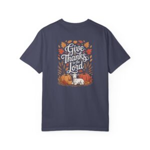 Gray Give Thanks to the Lord t-shirt with Thanksgiving design showing a lamb, pumpkins, and fall leaves.
