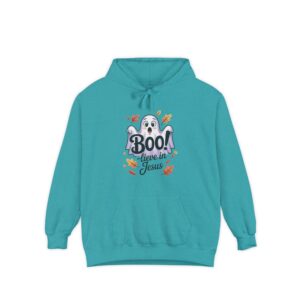 Teal Boo! -lieve in Jesus Halloween Hoodie, design showing a cute ghost with fall leaves.