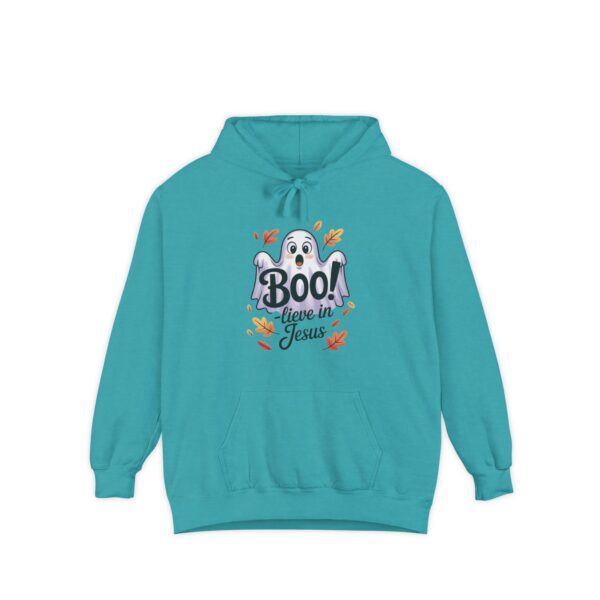 Teal Boo! -lieve in Jesus Halloween Hoodie, design showing a cute ghost with fall leaves.