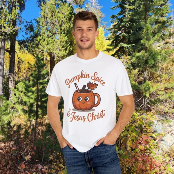 Model of Pumpkin Spice & Jesus Christ Fall Christian T-Shirt 10